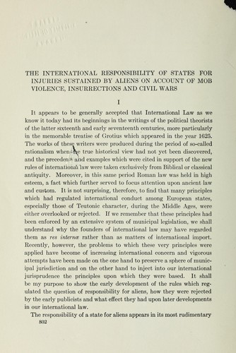 Cover for The international responsibility of states for injuries sustained by aliens on account of mob violence, insurrections and civil wars
