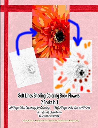 Cover for Soft Lines Shading Coloring Book Flowers 2 Books in 1 Left Pages Like Drawings for Coloring Right Pages with Idea Art Prints A Difficult Level Book by Artist Grace Divine