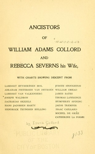 Cover for Ancestors of William Adams Collord and Rebecca Severns his wife