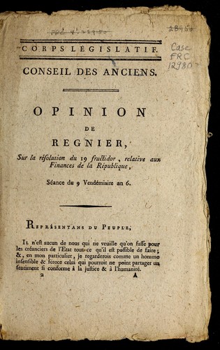 Cover for Opinion de Regnier sur la re solution du 19 fructidor, relative aux finances de la Re publique