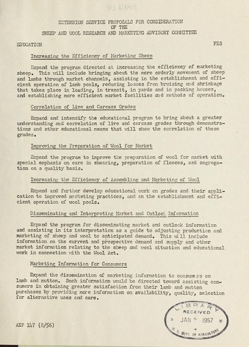 Cover for Extension Service proposals for consideration of the Sheep and Wool Research and Marketing Advisory Committee