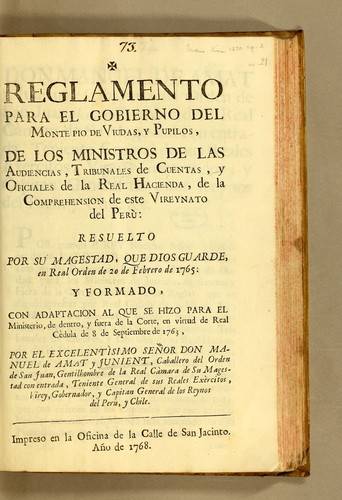 Cover for Reglamento para el gobierno del monte pio de viudas, y pupilos, de los ministros de las audiencias, tribunales de cuentas, y oficiales de la Real Hacienda, de la comprehension de este Vireynato del Perù