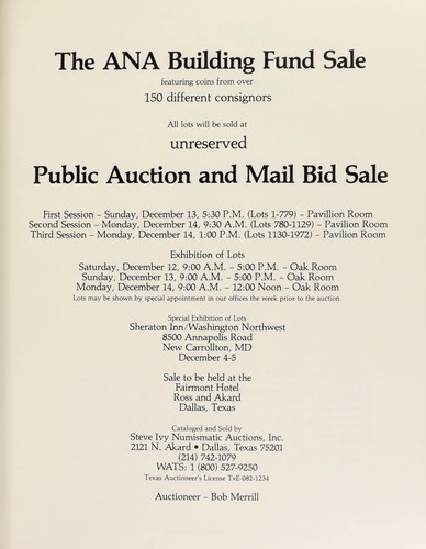 Cover for The ANA building fund sale, featuring coins from over 150 different consignors ...
