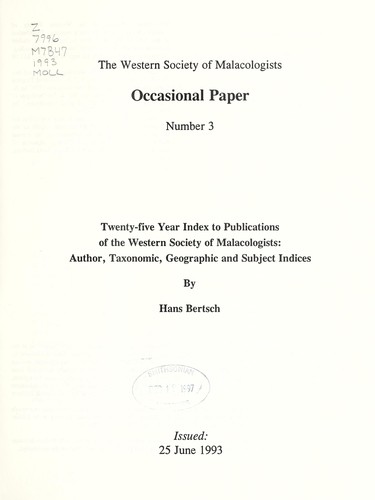 Cover for Twenty-five year index to publications of the Western Society of Malacologists