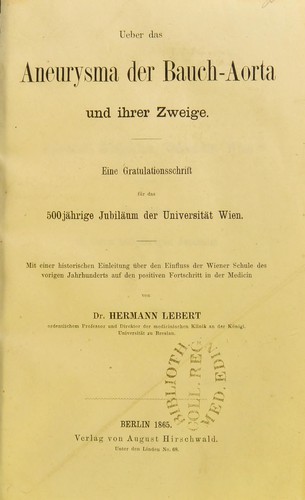 Cover for Ueber das Aneurysma der Bauch-Aorta und ihrer Zweige : eine Gratulationsschrift für das 500 jährige Jubiläum der Universität Wien