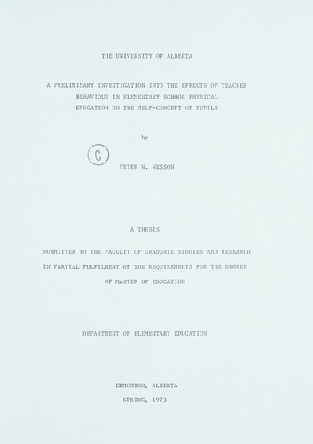 Cover for A preliminary investigation into the effects of teacher behaviour in elementary school physical education on the self-concept of pupils