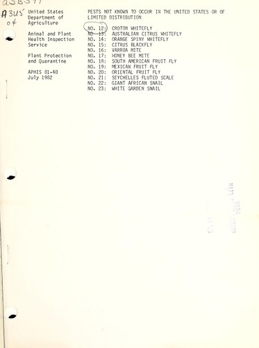 Cover for Pests not known to occur in the United States or of limited distribution