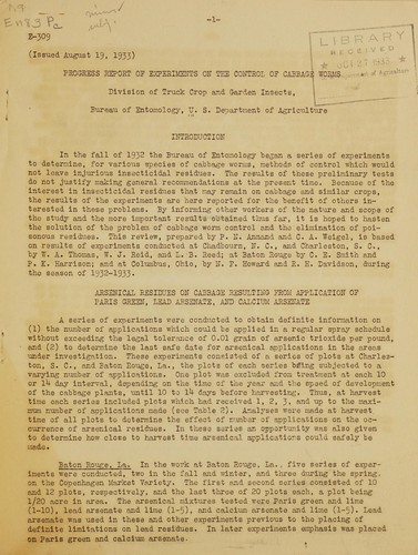 Cover for Progress report of experiments on the control of cabbage worms