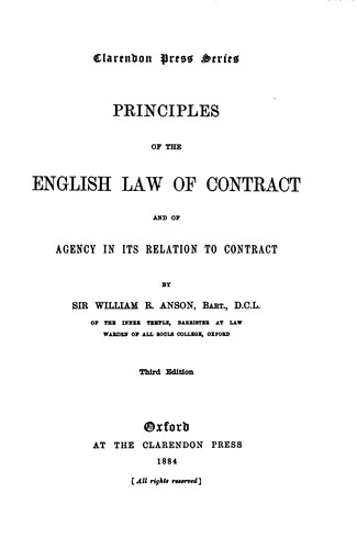 Cover for Principles of the English Law of Contract and of Agency in Its Relation to Contract