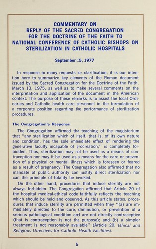 Cover for Commentary on Reply of the Sacred Congregation for the Doctrine of the Faith on sterilization in Catholic hospitals, Sept. 15, 1977.