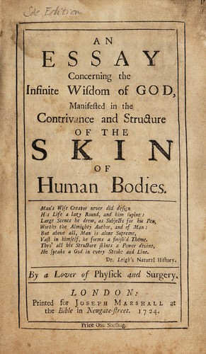 Cover for An essay concerning the infinite wisdom of God, manifested in the contrivance and structure of the skin of human bodies