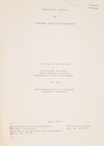 Cover for HYDROLOGIC ASPECTS OF NORTHERN PIPELINE DEVELOPMENT