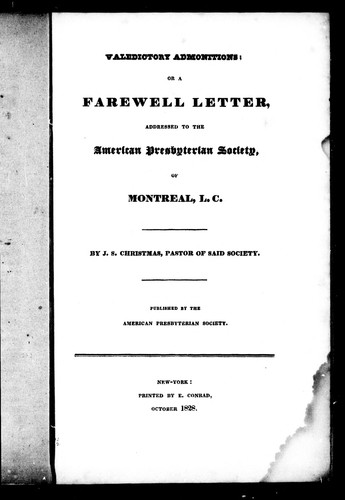 Cover for Valedictory admonitions, or, A farewell letter, addressed to the American Presbyterian Society, of Montreal, L.C.