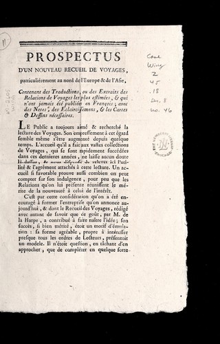 Cover for Prospectus d'un nouveau receuil de voyages, particulie rement au nord de l'Europe & de l'Asie