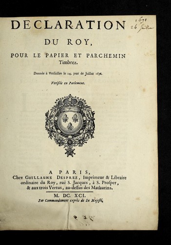 Cover for Declaration du roy, pour le papier et parchemin timbrez