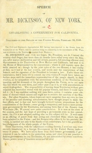 Cover for Speech of Mr. Dickinson, of New York, on establishing a government for California