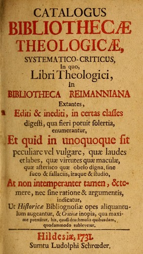 Cover for Catalogus bibliothecae theologicae, systematico-criticus
