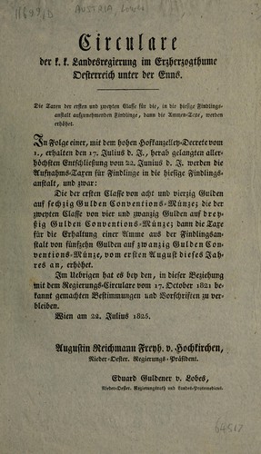 Cover for Die Taxen der ersten und zweyten Classe für die, in die hiesige Findlingsanstalt aufzunehmenden Findlinge, dann die Ammen-Taxe, werden erhöhet