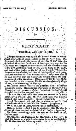 Cover for The Authentic Report of the Theological Discussion Between the Rev. W. Cooke and Mr. Jos. Barker ...