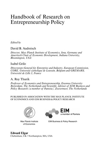 Cover for HANDBOOK OF RESEARCH ON ENTREPRENEURSHIP POLICY; ED. BY DAVID B. AUDRETSCH.