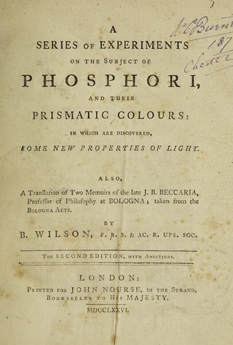 Cover for A series of experiments relating to phosphori and the prismatic colours they are found to exhibit in the dark