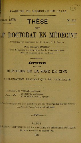 Cover for Étude sur les ruptures de la zone de zinn et la subluxation traumatique du cristallin