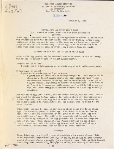Cover for Information on dried whole eggs