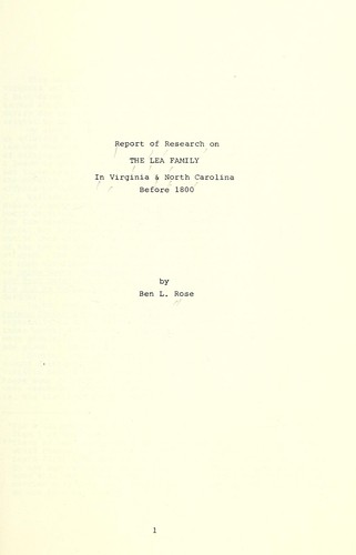 Cover for Report of research on the Lea family in Virginia & North Carolina before 1800
