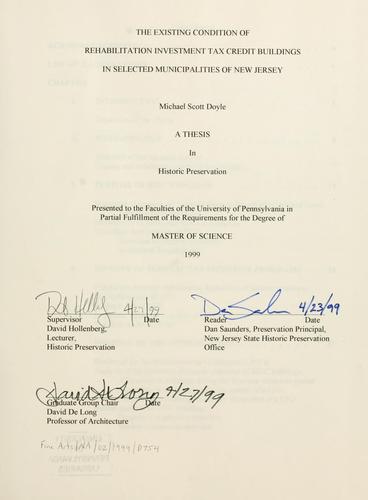 Cover for existing condition of rehabilitation investment tax credit buildings in selected municipalities of New Jersey