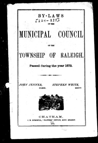 Cover for By-laws of the Municipal Council of the township of Raleigh, passed during the year 1872