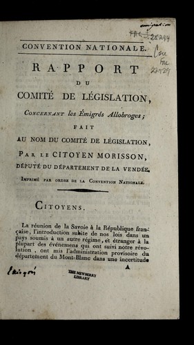 Cover for Rapport du Comite de legislation, concernant les e migre s allobroges