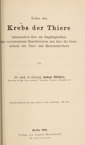Cover for Ueber den Krebs der Thiere