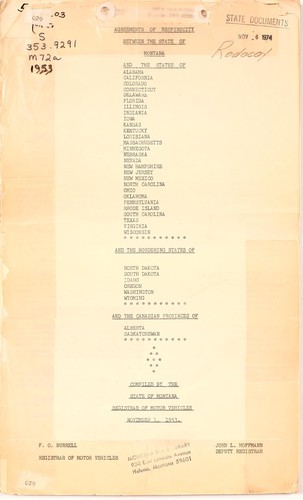 Cover for Agreements of recpirocity between the state of Montana and the states of Alabama, California, Connecticut, Delaware, Florida, Illinois, Indiana, Iowa, Kansas, Kentucky, Louisiana, Massachusetts, Minnesota, Nebraska, Nevada, New Hampshire, New Jersey, New Mexico, North Carolina, Ohio, Oklahoma, Pennsylvania, Rhode Island, South Carolina, Texas, Virginia, Wisconsin and the bordering states of North Dakota, South Dakota, Idaho, Oregon, Washington, Wyoming and the Canadian provinces of Alberta, Saskatchewan