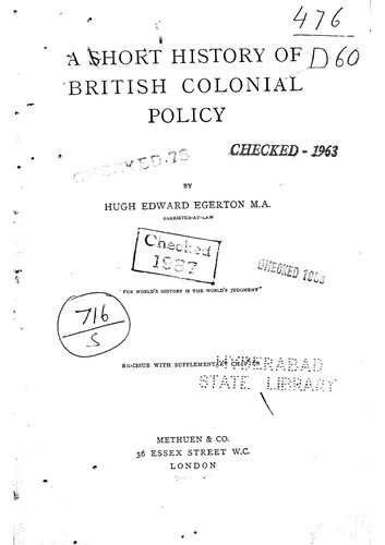 Cover for A Short History of British Colonial Policy, 1606-1909