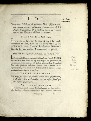 Cover for Loi concernant l'abolition de plusieurs droits seigneuriaux, notamment de ceux qui e toient ci-devant annexe s a   la justice seigneuriale, & le mode de rachat de ceux qui ont e te  pre ce demment de clare s rachetables