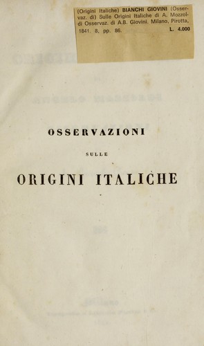Cover for Sulle origini italiche di Angelo Mazzoldi osservazioni