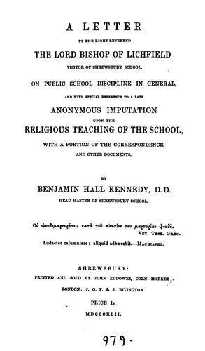 Cover for A letter to the bishop of Lichfield, visitor of Shrewsbury school, on public school discipline ...