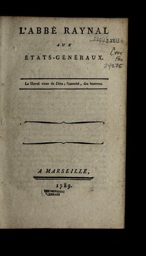 Cover for L' abbé Raynal aux États-Généraux ...