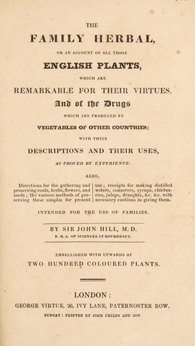 Cover for The family herbal. Or, An account of all those English plants, which are remarkable for their virtues, and of the drugs which are produced by vegetables of other countries; with their descriptions and their uses, as proved by experience
