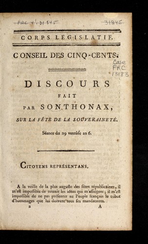 Cover for Discours fait par Sonthonax sur la Fe te de la souverainete