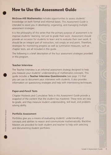 Cover for Assessment Guide - Teacher Guide (McGraw-Hill Mathematics - Grade K)