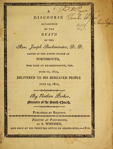 Cover for A discourse occasioned by the death of the Rev. Joseph Buckminister ...