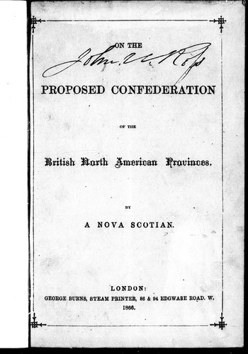 Cover for On the proposed confederation of the British North American provinces