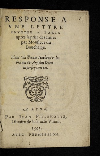 Cover for Response a vne lettre envoyee a Paris apres la prise des armes par Monsieur du Bouchaige ...