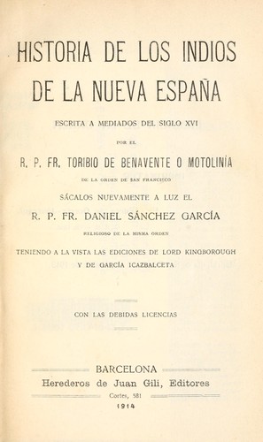 Cover for Historia de los indios de la Nueva Espana