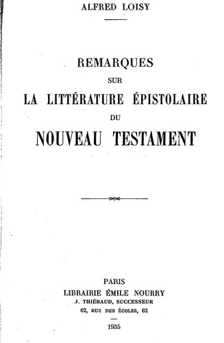 Cover for Remarques sur la littérature épistolaire du Nouveau Testament