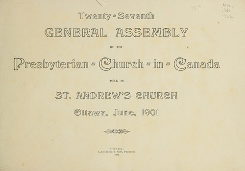 Cover for Souvenir.  Twenty-seventh general assembly of the presbyterian church in Canada, held in St. Andrew's Church, Ottawa