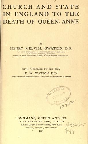 Cover for Church and state in England to the death of Queen Anne