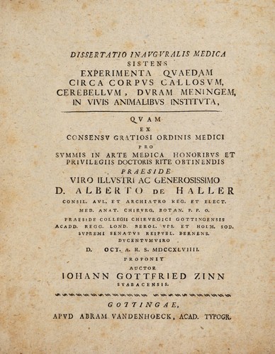 Cover for Dissertatio inauguralis medica sistens experimenta quaedam circa corpus callosum, cerebellum, duram meningem in vivis animalibus instituta ...