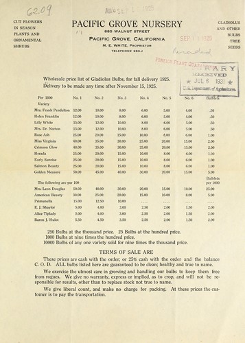 Cover for Wholesale price list of gladiolus bulbs for fall 1925 delivery